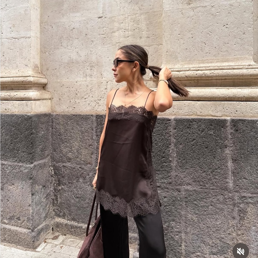 Zara satin Lace-Trim Slip Dress Top in Deep Brown
